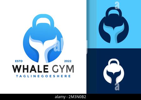 A vector illustration of the Whale Kettle Bell Logo Design Template in blue color Stock Vector