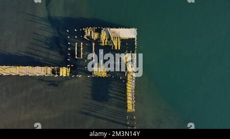 The aerial view of an abandoned dock from a drone. Bodega Bay,California, USA. Stock Photo
