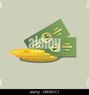 Colorful icon of banknotes and coins on a light background. Illustration in cartoon style. Icon, vector Stock Vector