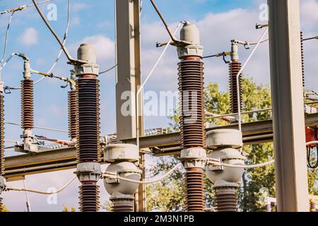 Current and voltage converter for an electrical substation. Dielectric  insulator close-up. Transformation and transmission of electricity from  generat Stock Photo - Alamy