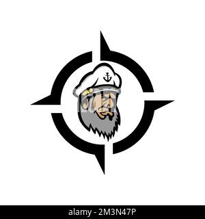 Vintage bearded sailor smoking pipe, marine logo with sea captain in hat isolated vector illustration.EPS 10 Stock Vector
