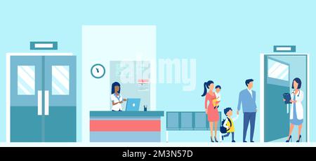 Vector of a young family with two kids visiting a hospital for consultation Stock Vector