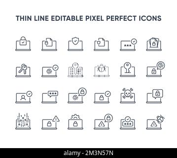 Laptop security vector line icons. Computer privacy and protection icon collection. Notebook network security symbols. Editable pixel perfect Stock Vector