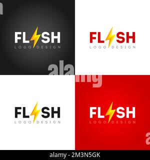 Flash logo design with lightning symbol. Abstract gold speed electricity 3D logo template. Bolt energy icon with text. Vector flash power energy speed Stock Vector