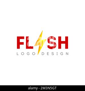 Flash logo design with lightning symbol. Abstract gold speed electricity 3D logo template. Bolt energy icon with text. Vector flash power energy speed Stock Vector