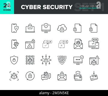 Cyber security vector line icon set. Privacy and internet protection icon collection. Computer and smartphone network security symbols. Editable icons Stock Vector