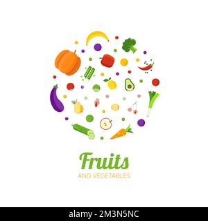 Fruits and vegetables logo design. Healthy food circle with different fruits and vegetables icons. Abstract illustration for organic shop, vegetarian Stock Vector