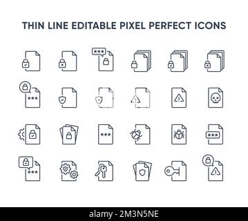 File security vector line icons. Document protection icon collection. Different variations of file secure symbol. Editable pixel perfect Stock Vector