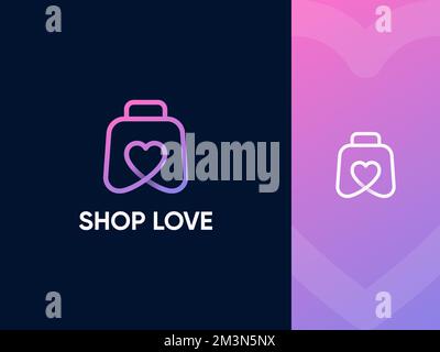 Shop love logo concept. Shopping love modern vector line logo design. Shopping bag with heart inside symbol in modern colours. Vector creative logo Stock Vector