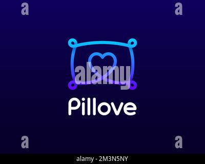 Pillove logo concept. Pillow with heart symbol inside. Modern line creative logo for pillow shop. Vector linear logo concept with shadows Stock Vector