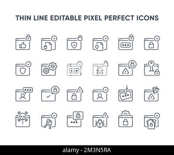 Web security vector line icons. Website privacy and personal data protection icon collection. Web page internet security symbols. Editable vector icon Stock Vector