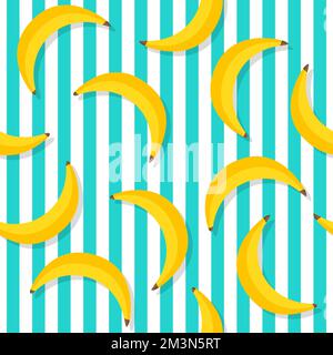 Banana pattern. Repeat banana pattern on blue stripes. Yellow bananas background. Banana print. Yellow palms fruit. Vector illustration Stock Vector