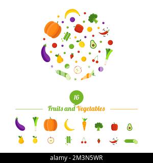 Healthy food circle with different fruits and vegetables icons. Abstract logo for organic shop, vegetarian cafe, vegan store. Vegan nutrition vector Stock Vector