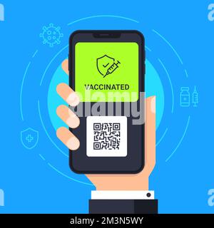 Vaccinated notification on smartphone. Approved vaccination. Digital Health Passport on Smartphone. COVID-19 Certificate on Mobile Phone screen Stock Vector