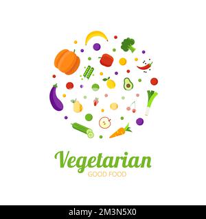 Vegetarian good food logo concept. Healthy food circle with different fruits and vegetables icons. Abstract logo for organic shop, vegetarian cafe Stock Vector