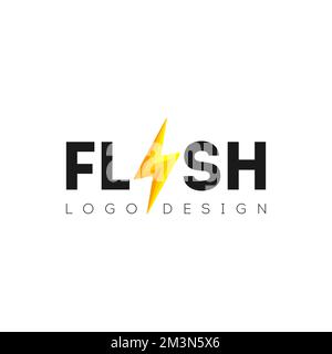 Flash logo design with lightning symbol. Abstract gold speed electricity 3D logo template. Bolt energy icon with text. Vector flash power energy speed Stock Vector
