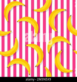 Banana pattern. Repeat banana pattern on pink stripes. Yellow bananas background. Banana print. Yellow palms fruit. Vector illustration Stock Vector
