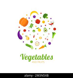 Vegetables and fruits logo concept. Healthy food circle with different fruits and vegetables icons. Abstract logo for organic shop, vegetarian cafe Stock Vector