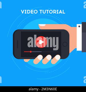 Video tutorial on mobile phone vector illustration. Study and learning by watching videos on smartphone. Distance education on cellphone with video Stock Vector