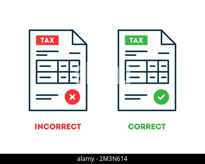 Tax return form icons. Correctly and incorrectly completed Tax form. Vector thin line icons on white background Stock Vector