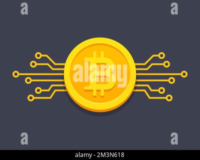 Bitcoin digital currency icon with circuit board elements. Vector illustration in flat style Stock Vector