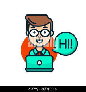 Businessman flat line icon. Cute smiling man say Hi behind laptop. Support customer service worker concept. Virtual assistant avatar icon. Vector icon Stock Vector