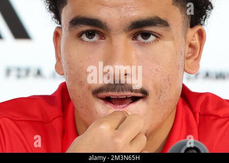Doha, Qatar. 16th Dec, 2022. Player Zakaria Aboukhlal during Media conference of the Moroccan national football team on the eve of the match for third place between Croatia and Morocco at the World Cup in Qatar, at Qatar National Convention Centre, QNCC, Doha, Qatar, on December 16, 2022, Photo: Goran Stanzl/PIXSELL Credit: Pixsell/Alamy Live News Stock Photo