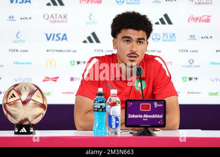Doha, Qatar. 16th Dec, 2022. Player Zakaria Aboukhlal during Media conference of the Moroccan national football team on the eve of the match for third place between Croatia and Morocco at the World Cup in Qatar, at Qatar National Convention Centre, QNCC, Doha, Qatar, on December 16, 2022, Photo: Goran Stanzl/PIXSELL Credit: Pixsell/Alamy Live News Stock Photo