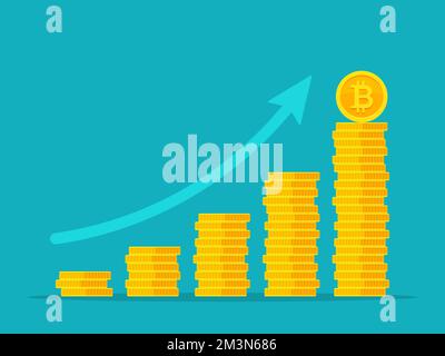 Bitcoin growth concept. Stacks of gold coins like income graph with bitcoin. Bitcoin revenue vector illustration isolated on colored background Stock Vector