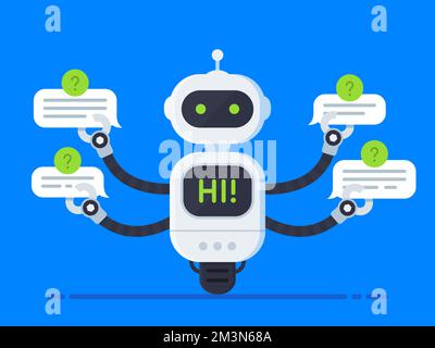 Chatbot concept. Bot answers questions from several users at the same time. Chat bot holds speech bubbles and show hi on screen inside itself Stock Vector
