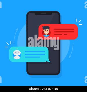Chatbot concept. Man chatting with chat bot on smartphone. Sms bubbles on mobile phone screen. Chat messages notification from virtual assistant Stock Vector