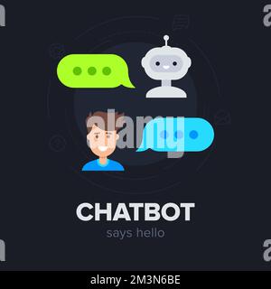 Chatbot concept. Cute smiling robot make conversation with young man. Bot's and man's avatars with speech bubbles. Customer support service concept Stock Vector