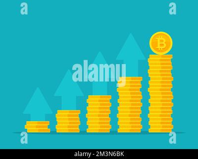 Bitcoin growth concept. Stacks of gold coins like income graph with bitcoin. Vector illustration isolated on colored background Stock Vector