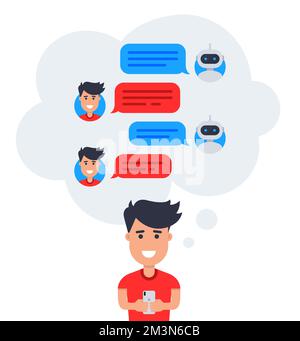 Chatbot concept. Man imagine how he chatting with customer support robot. Young man talk with chat bot on smartphone. Conversation with robot Stock Vector