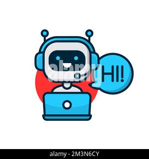 Chatbot icon. Cute smiling robot say Hi behind laptop. Virtual assistant avatar icon. Support customer service chatbot icon. Vector robot icon Stock Vector