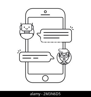 Chatbot line icon. Man talk with chat bot on smartphone. User chatting with bot in messenger. Linear style vector illustration. Vector outline icon Stock Vector