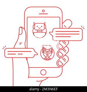 Chatbot outline icon concept. Man chatting with chat bot on smartphone. Hand holds mobile phone with messenger in which robot talk with user. Vector Stock Vector