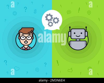 Chatbot concept. Man chatting with chat bot. Interaction with customer support robot. Changing settings with a bot online. Conversation with chatbot Stock Vector