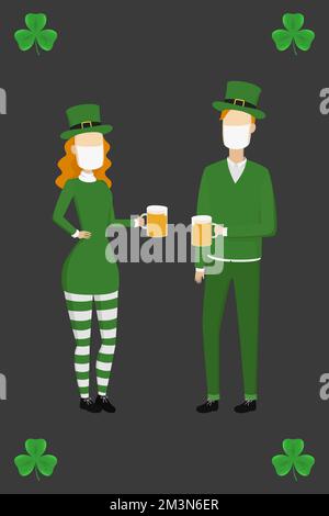 St. Patrick's Day poster. Man and woman in masks drink. Vector illustration. Stock Vector