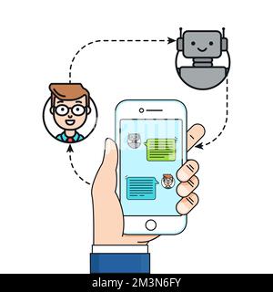 Chatbot concept. Man chatting with chat bot on smartphone. Customer service support on mobile phone. Male holding phone and chatting with robot Stock Vector