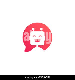 Cute smiling robot in red speech bubble. Chatbot icon in flat style on white background. Virtual online support concept. Support service bot. Vector Stock Vector