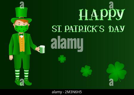St Patricks Day card. Man in protective mask drinking green beer. Vector illustration. Stock Vector