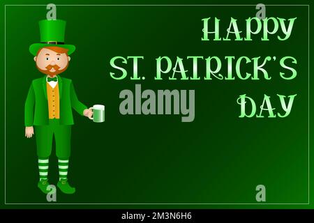 ST PATRICK DAY greeting card. Man in leprechaun suit drinking green beer. Vector. Stock Vector