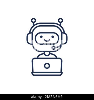 Chatbot outline icon. Cute robot working in headphones behind laptop. Modern bot sign design. Smiling customer service robot. Flat line style vector Stock Vector