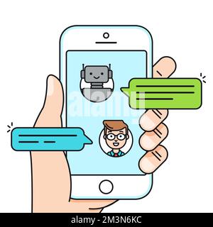 Chatbot concept. Man chatting with chat bot on smartphone. Vector illustration Stock Vector