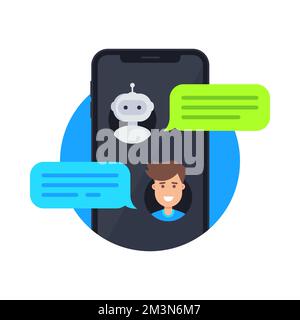Chatbot icon concept. Man and robot chatting on smartphone. Customer service messenger icon concept. Young man talk with chatbot on mobile phone Stock Vector