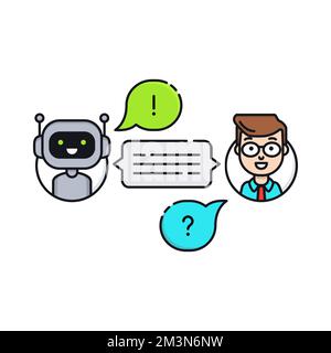 Chatbot concept. Man chatting with chat bot. User ask robot the question and get an answer. Conversation with chat bot. Vector illustration Stock Vector