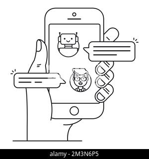 Chatbot outline icon concept. Man chatting with chat bot on smartphone. Hand holds mobile phone with messenger in which robot talk with user. Vector Stock Vector
