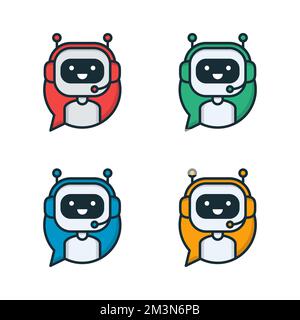 Chatbot icon in speech bubble. Cute bot in headphones inside speech bubble. Smiling customer service robot. Flat line style vector bot Stock Vector