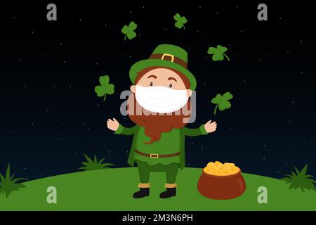St. Patrick's Day card. Leprechaun in face mask and pot of gold. Vector illustration. Stock Vector